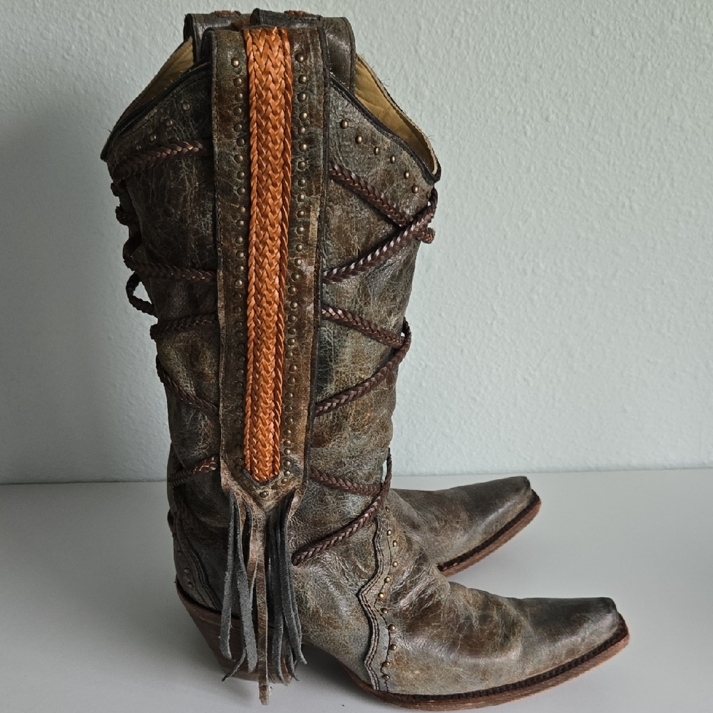 Vintage Leather Heeled Boots with Fringe - Picture 7 of 13